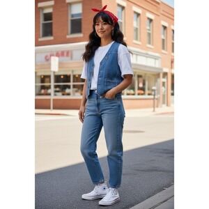 VTG! "American Graffiti "Denim Vest Medium Wash Cinch Back L Y2K Preppy Academia